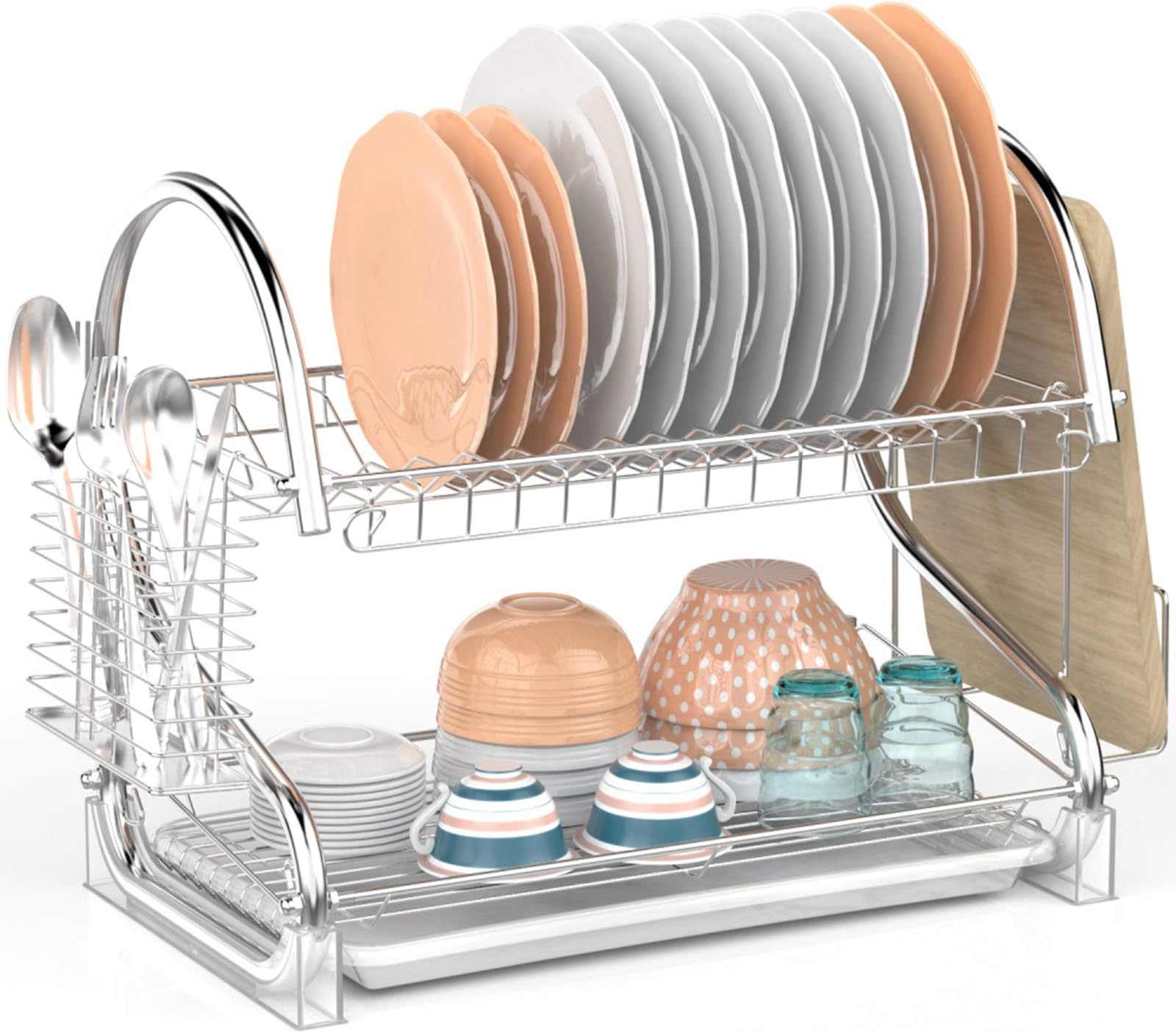 Dish Drying Rack, 2 Tier Dish Rack with Utensil Holder, Cutting Board Holder and Dish Drainer for Kitchen Counter Top, Plated Chrome Dish Dryer Silver 17.0 X 9.7 X 14.6 inch