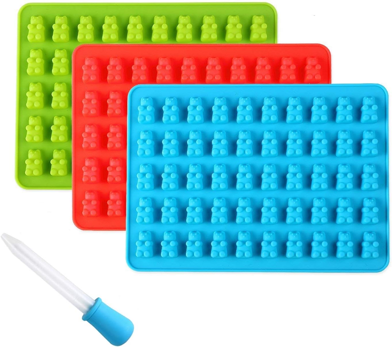 Lelva Candy Silicone Molds & Ice Cube Trays, 3 Pack Gumdrop Jelly Molds, Chocolate Molds, Gummy Bear Candy Molds with Bonus Dropper, (Blue, Green, Red)