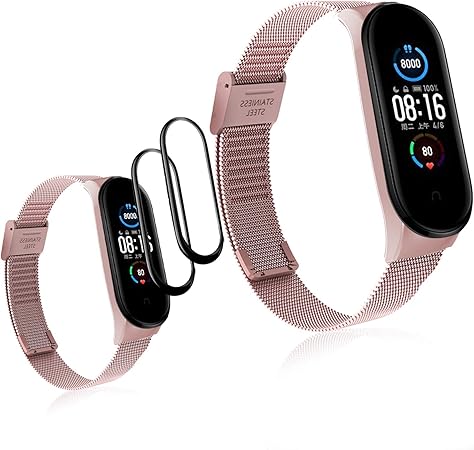 Ferilinso Correas Metal para Xiaomi Mi Band 5 + 2 Piezas Protector Pantalla, Pulsera Pulseras de Actividad Reloj Wristband Repuesto Bandas de Acero ...