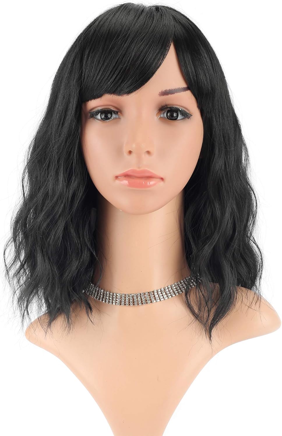 FAELBATY Short Black Wig With Air Bangs Shoulder Length Curly Wavy Synthetic Cosplay Bob Wig for Girl Costume Wigs (14" Black Color) - Image 3