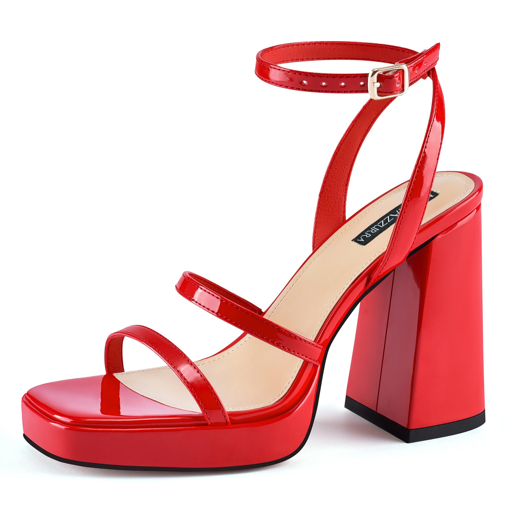 Photo 1 of MIRAAZZURRA Platform Strappy Heel Sandals Square Open Toe Two Strap Chunky High Heeled Sandals with Buckle Ankle Strap for Women Party Wedding Dress Red Patent leather 7.5
