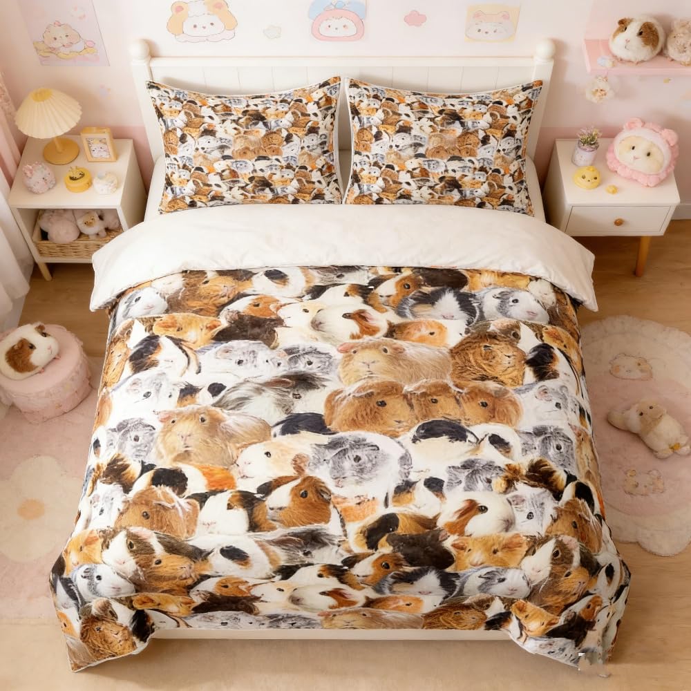Loussiesd Kids Guinea Pig Duvet Cover Children Cute Cavy Funny Bedding Set Double Size for Boys Girls Toddler Bedroom Decor 3D Lovely Pet Animal Theme Comforter Cover Soft with 2 Pillow Case