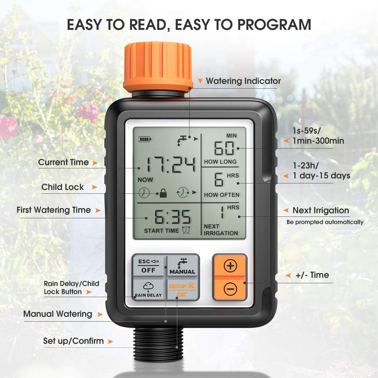 Homitt Programmable Water Timer,3" Large Screen/IP65 Waterproof/Child Lock Mode/Auto&Manual Mode/Rain Delay/Upgrade Material,Hose Timer Sprinkler Timer Faucet Digital Watering Timer for Garden Lawn: Home & Kitchen