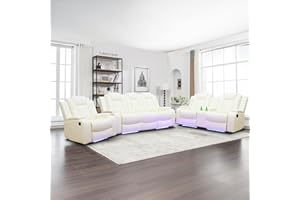 Caberryne Power Recliner Sofa Set with LED Lights,Leather Reclining Sofa with USB Port/Wireless Charger/Storage Console/Cup Holder,Living Room Furniture Set for House/Home Theater(3 Piece Set,Creamy)