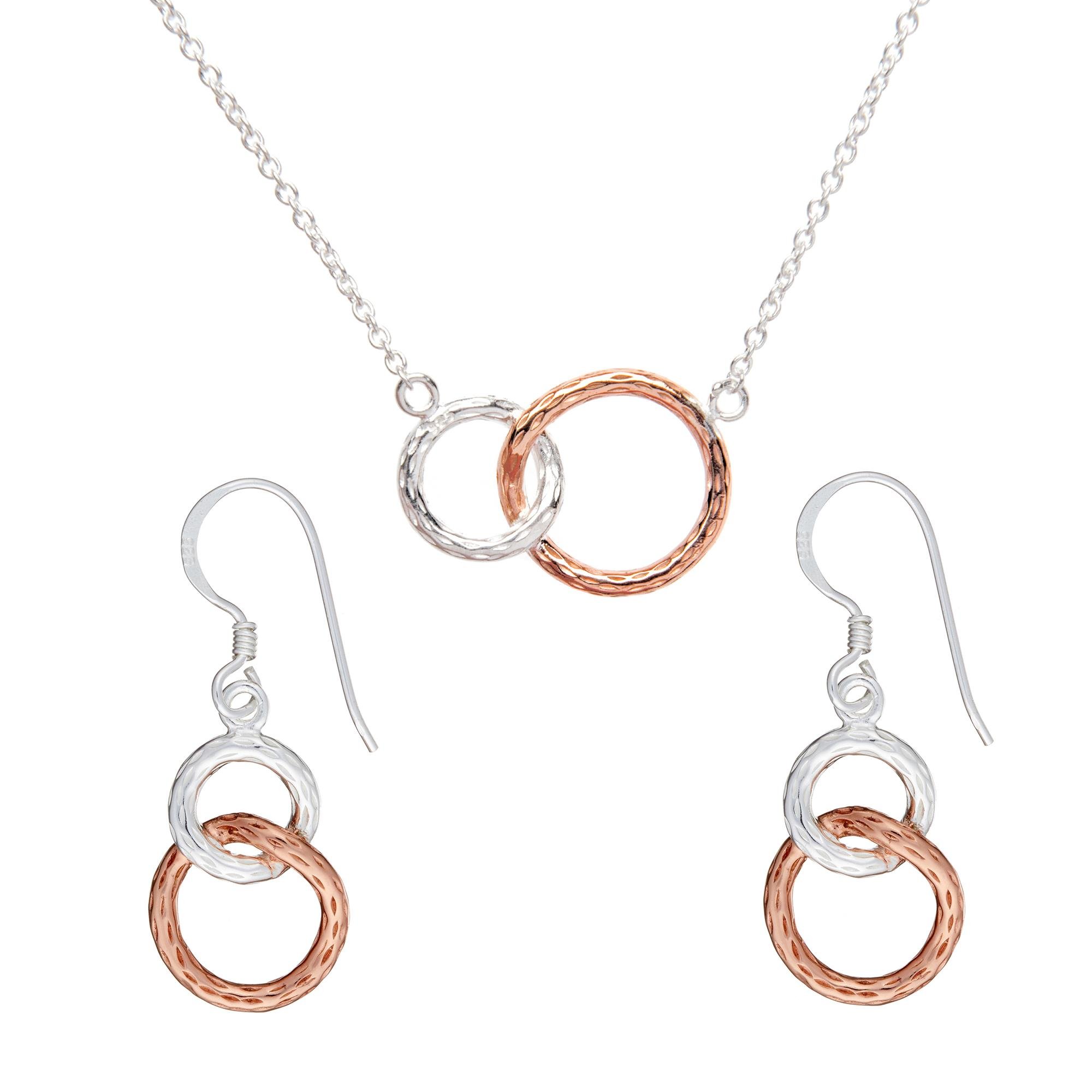 Silverly Women's 925 Sterling Silver Rose Gold Plated Round Link Hoop Earrings Necklace Jewellery Set, 18"