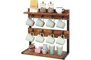 IBUYKE Rustic Coffee Mug Holder Stand, 2 Tier Countertop Mug Tree Holder Rack with Storage Base, Vintage Mug Holders for Kitc