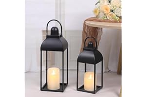 MATAHUM Lanterns Decorative Outdoor Indoor, Black Metal Outdoor Lanterns, 17'' 13'' Set of 2 Modern Farmhouse Candle Lantern Halloween Lanterns Centerpieces for Home, Wedding, Patio, Porch, Mantel