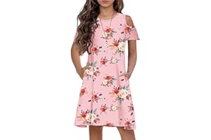 Arshiner Girls Summer Dress Short Sleeve Cold Shoulder Solid Color Swing Casual Dresses with Pockets