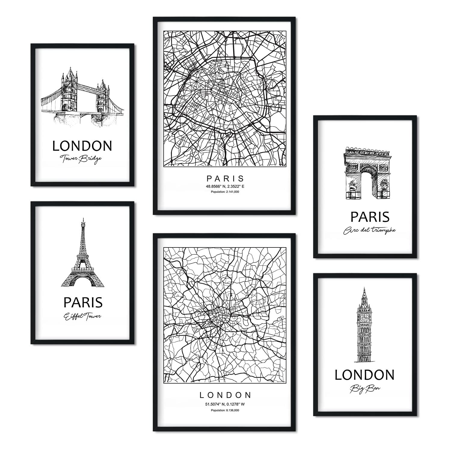 Nacnic Set of 6 posters London and Paris. Collection of posters in collage aesthetic for interior decoration. Sizes A3 and A4. Frameless.