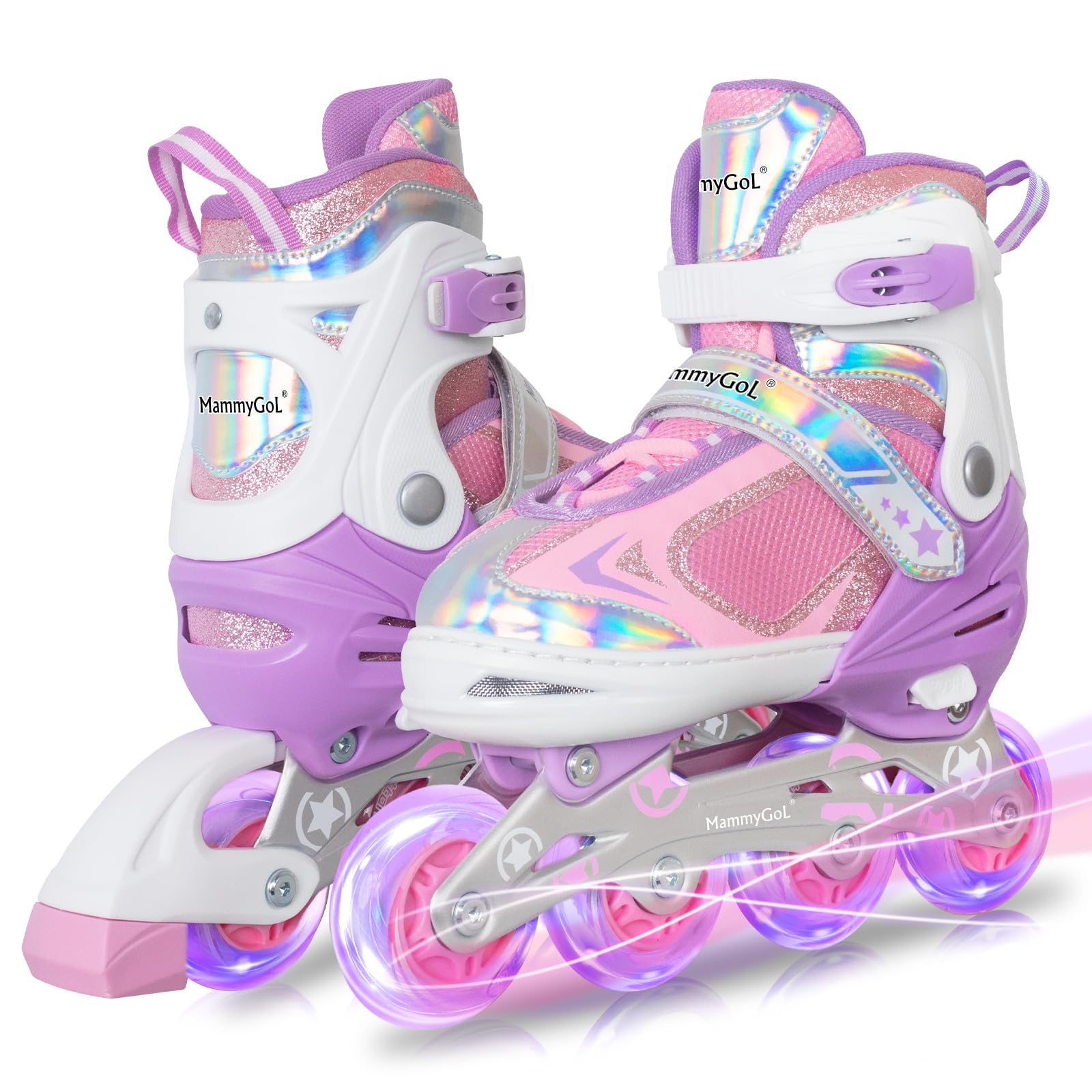 MammyGol Adjustable Inline Skates for Girls Kids Boys Youth with Light up Wheels, Light Purple Beginner Blades Roller Skates for Boys Size 5 6 7 8 Ages 6-12 Image