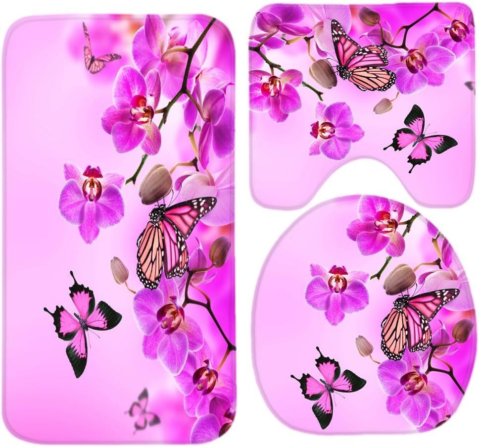 SSOIU 3 Piece Bath Mat Set Orchid Butterflies Pink Color Flowers Non-Slip Bathroom Mats Contour Toilet Cover Rug