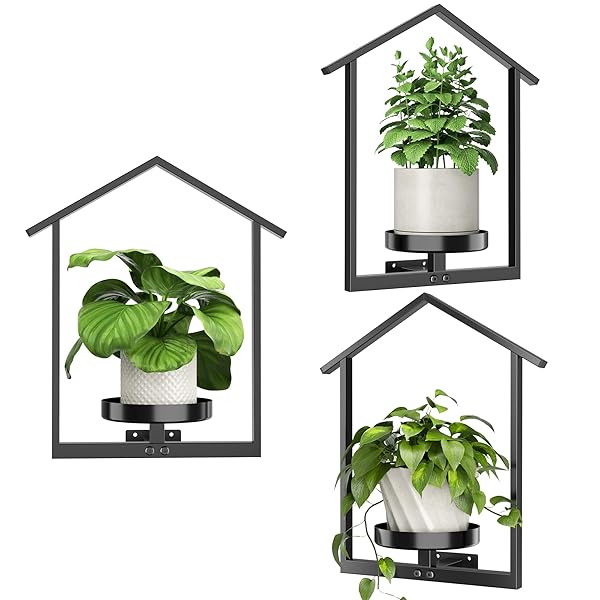 UNLUMM WALL PLANT HOLDER, HANGING PLANTERS FOR INDOOR PLANTS, HOUSE SHAPED FRAMED PLANTS HANGER, WINDOW PLANT SHELVES FOR HOME OFFICE WALL DECOR, OUTDOOR ENTRYWAY, BLACK (3 PACK)