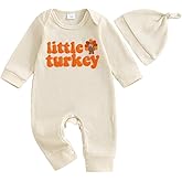 Doqcey Newborn Baby Boy Thanksgiving Outfit Little Turkey Embroidery Romper Waffle Knit Long Sleeve Jumpsuit Bodysuit Hat Set