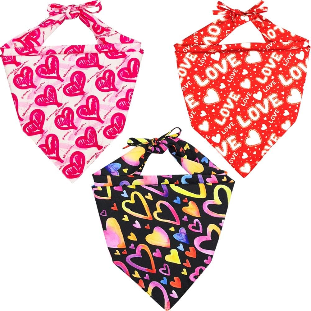 Lamphyface 3 Pack Valentine's Day Dog Bandana Triangle Bib Scarf Accessories with Hearts and Love Designs