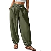 Bsubseach Womens Cotton Harem Pants Elastic Waist Baggy Pant Drawstring Balloon Trouser Loose Beach Pants with Pockets
