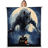 Howling Wolf Throw Blanket,Gothic Castle Blankets Kids Boys Teens Men Room Decor,Western Moon Night Werewolf Theme Fleece Blanket Horror Wild Animals Sherpa Blanket,for Chair/Sofa,50"×60"