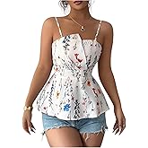 OYOANGLE Women's Floral Sleeveless Peplum Top Spaghetti Strap Smocked Ruffle Camisole Boho Tops