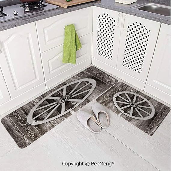 2 Piece Indoor Modern Anti Skid Carpet Barn Wood Wagon Wheel Retro