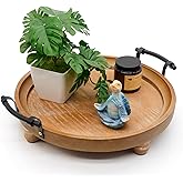 TOOLTENG Wooden Decorative Tray for Coffee Table, Round Wood Serving Tray with Metal Handles, 13 Inch Rustic Wood Trays for Tale Centerpiece, Home Kitchen Farmhouse Decor