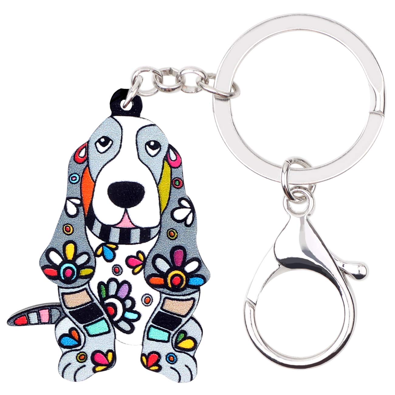 WEVENI Acrylic Floral Basset Hound Keychain Pet Dog Jewelry for Women Girl Bag Car Wallet Charms (Gray)