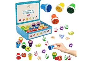 The Dreidel Company Box of Twelve Multicolored Hanukkah Stampers, Each Stamp Includes A Fun Chanukkah Icon Including Menorah, Dreidels and Coins, 12-Pack Box
