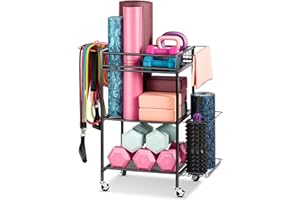FHXZH Yoga Mat Storage Rack, Home Gym Workout Equipment Storage Rack, Cart for Organizing Workout Room, Organizer Yoga Equipment Dumbbell Kettlebells Home Gym Storage Rack with Hooks and Wheels