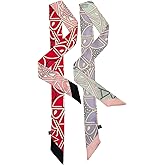 SansHeBe 2 Pack Silk Purse Scarf For Handbags Head Hair Ribbon Fashion Skinny Scarf For Women Long Neckerchief
