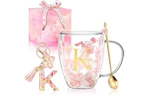 Personalized Gift for Women Monogrammed Double Wall Flower Glass Coffee Mug Tea Cup with Spoon Customized Birthday Valentine 