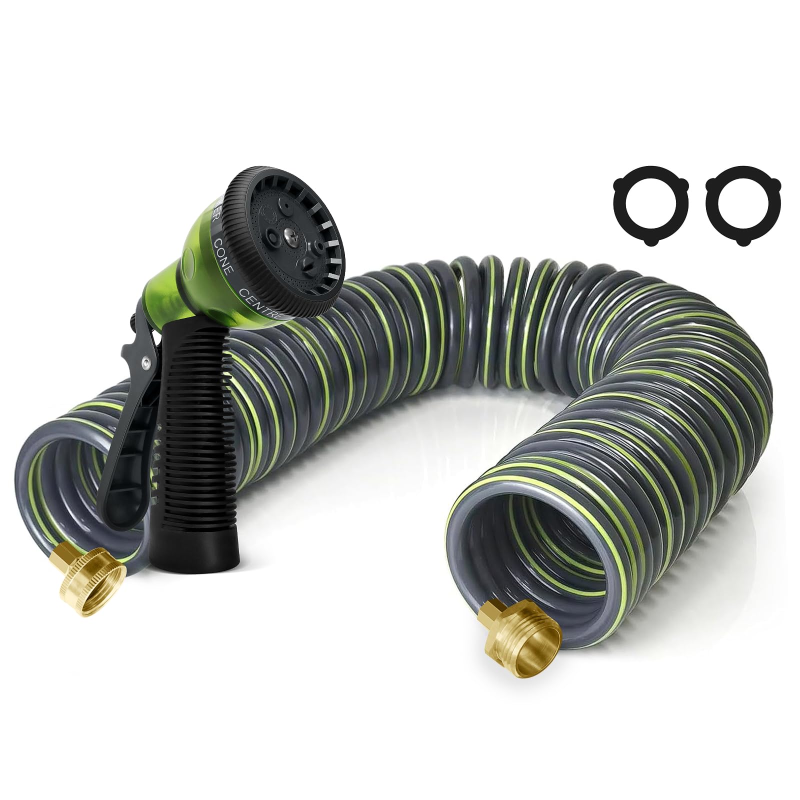 Photo 1 of Coil Hose 50FT EVA Coil Garden Hose With 3/4'' Brass Connector Coiled Water Hose Lightweight And No Kink Includes 7 Patterns Spray Nozzle For Outdoors Lawn Watering Car Washing