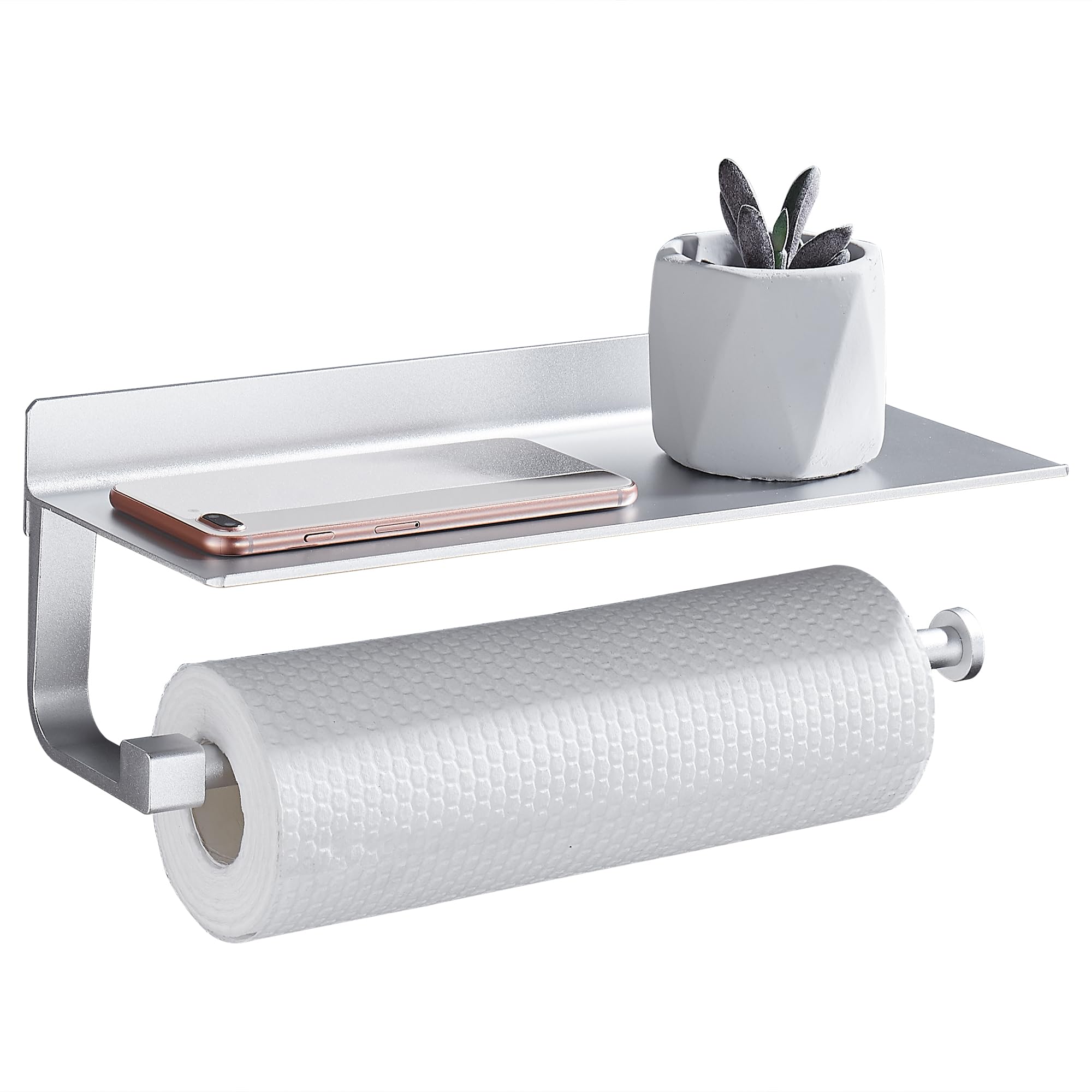 GRICOL Kitchen Roll Holder Adhesive Paper Towel Holder with Spacious Shelf Roll Tissue Dispenser Wall Mounted No Drilling Silver