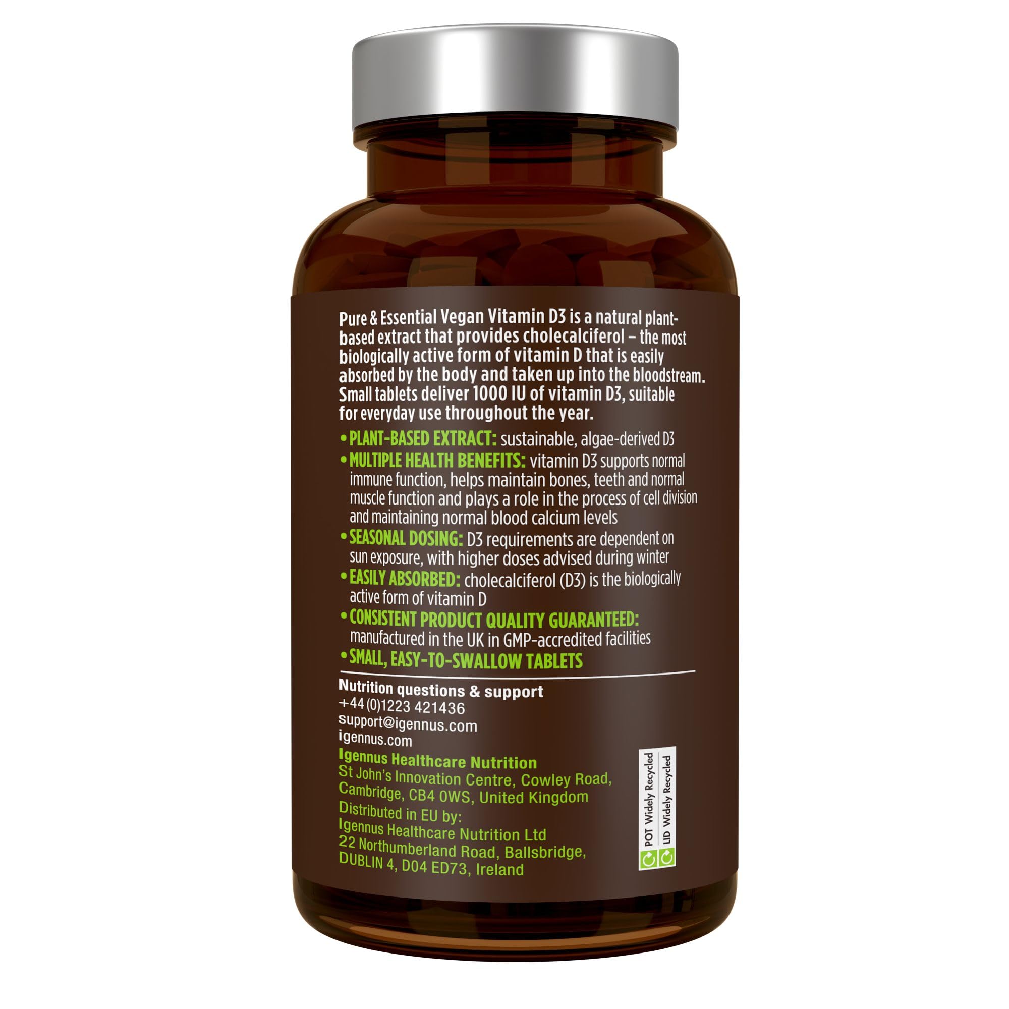 Igennus Natural Vegan Vitamin D3 1000IU, Clean Label, 365 Tablets, 100% Plant-Based Algae Cholecalciferol & Non-GMO, Immune, Bones & Teeth, 1-Year Supply