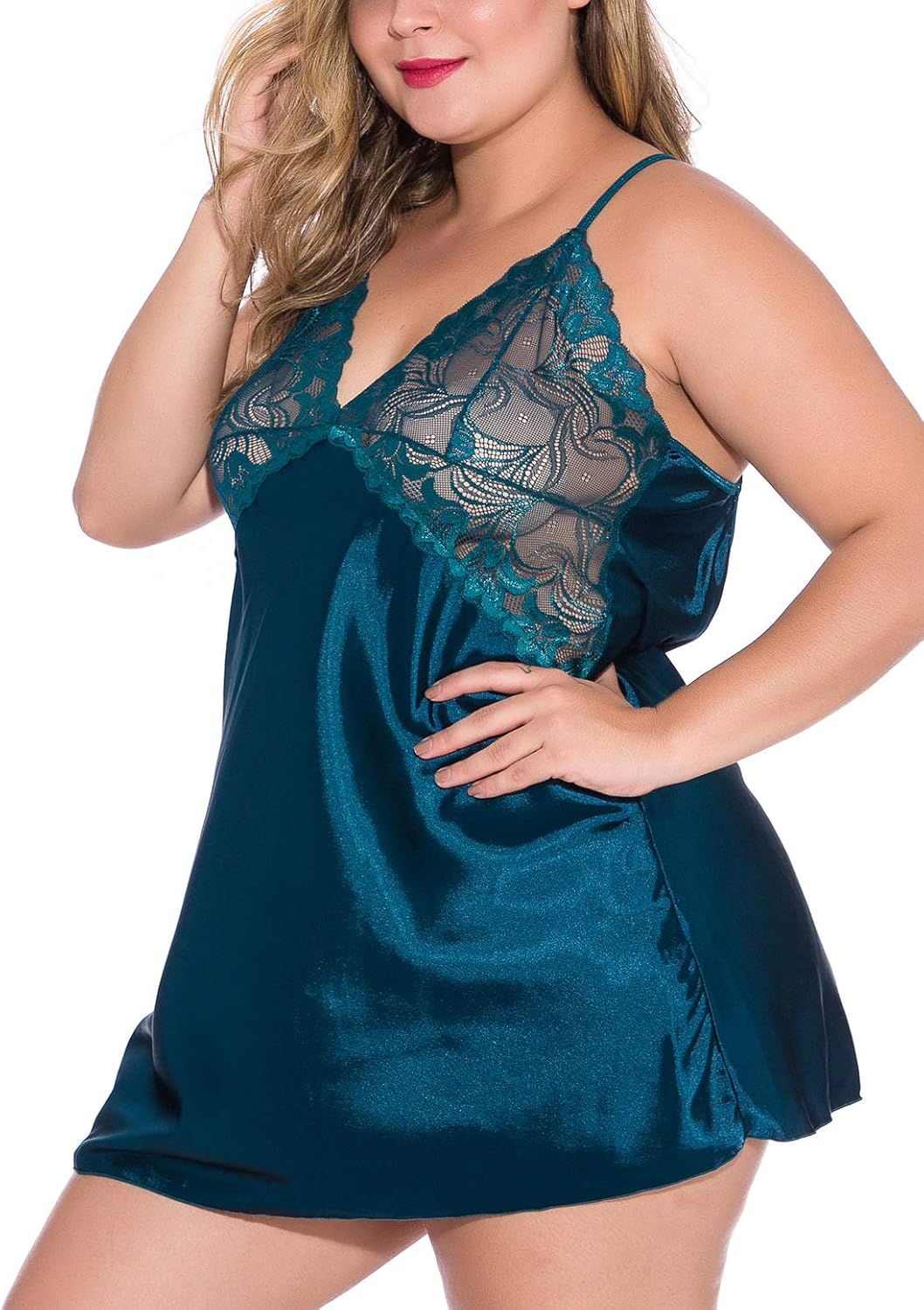 Zirami Women Sexy Lingerie Plus Size V Neck Nightwear Satin Sleepwear Lace Chemise: Clothing