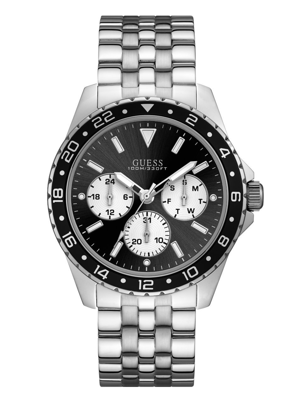 GUESS Stainless Steel + Black Bracelet Watch with Day, Date + 24 Hour Military/Int’l Time. Color: Silver-Tone (Model: U1107G1)