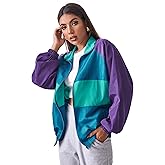 SweatyRocks Women's Lightweight Windbreaker Patchwork Zipper Sport Jacket Coat Outerwear