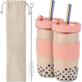 Amyoole 2 Pack Reusable Boba Cup, 24Oz Wide Mouth Smoothie Cup,mason Jar Glass Cups with Lids and Straws,Bubble/Boba Tea Cups,Ice Coffee Tumbler 2 colored straws 1 sponge brush(Pink)