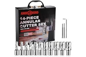 ANGELSWORD HSS Annular Cutter Set 14 Pcs, High Speed Steel, Cutting Depth 1" Cutting Diameter 7/16" to 1-1/16", Mag Drill Bits Kit for Magnetic Drill Press, with Aluminum Storage Case