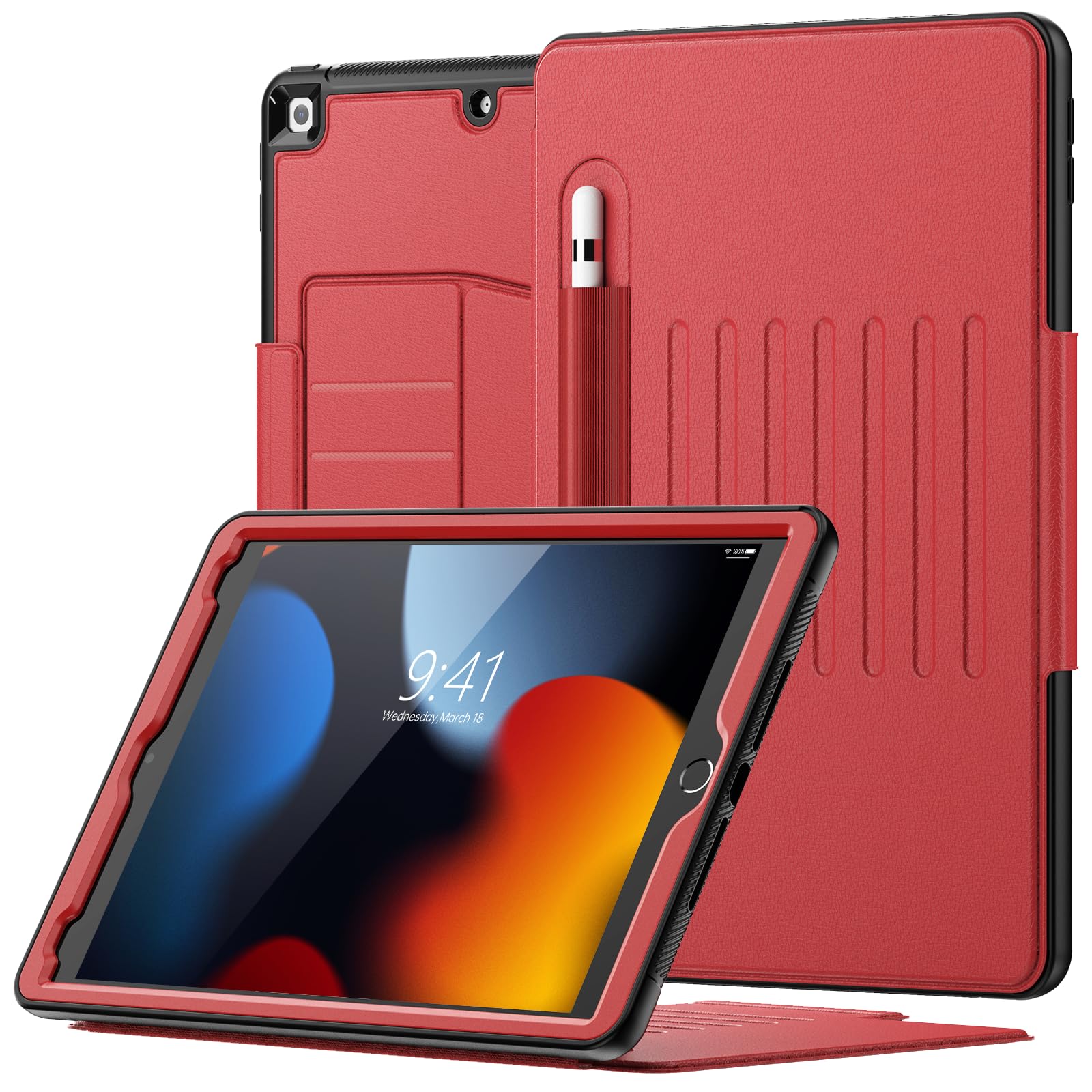 SEYMAC Case for iPad 9th/7th/8th Generation 10.2 inch 2021/2020/2019, Magnetic Smart Cover with Auto Sleep/Wake,Card Slots, Multi-angle Stand, iPad 9th Gen Case, Red