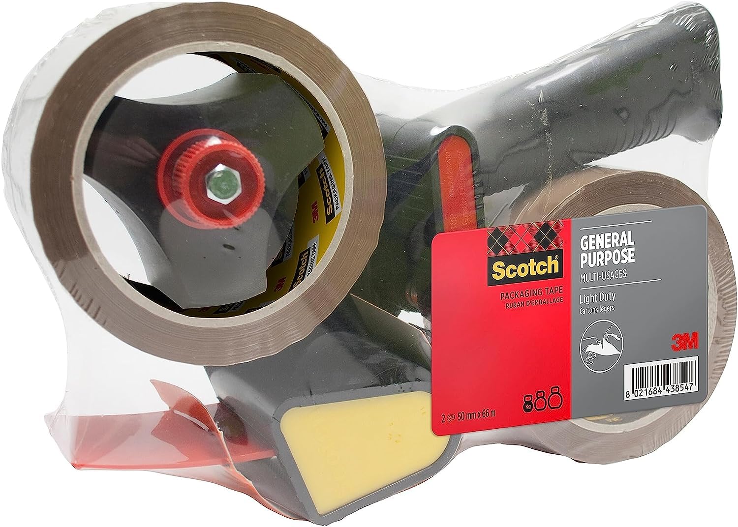 Scotch Pistol Grip Dispenser + General Purpose Tape Low Noise Brown 50 mm x 66 m 1 Dispenser + 2 Rolls/Pack - Ideal for Packing Boxes and Parcels