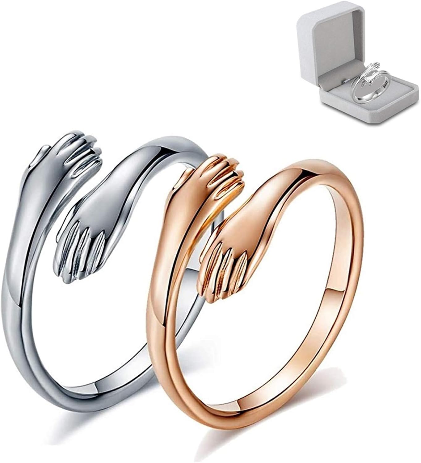 2 Pcs/Pair Adjustable Hug Ring 925 Sterling Silver, Resizable Romantic