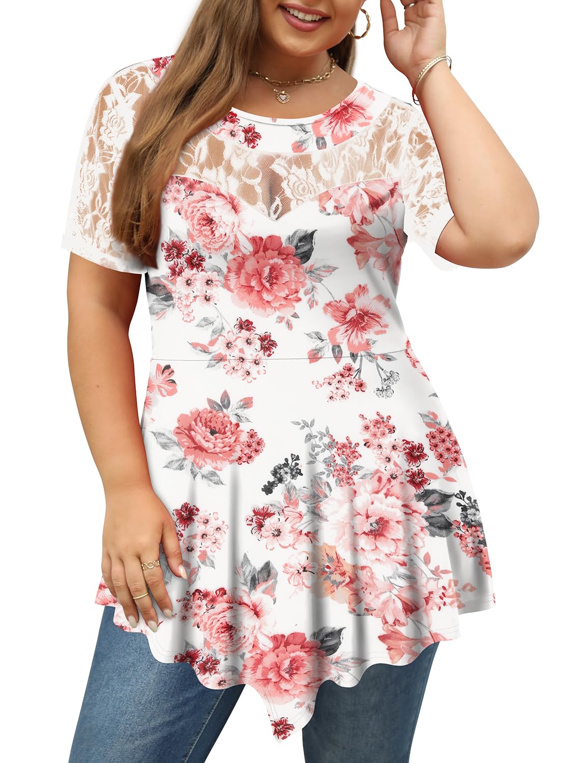 Photo 1 of Magritta Womens Plus Size Tops Casual Summer Lace Short Sleeve Shirts Dressy Work Blouses for Women White Pink 4X