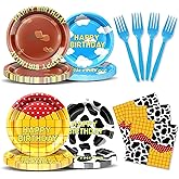 96 Pcs Cartoon Birthday Party Decoration,Space Western Adventure Themed Disposable Plates,Napkins and Forks Serve For 24 Guests.