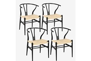 VODUR Wishbone Chair Natural Solid Wood Dining Chair/Hans Vegner Y Chair Rattan and Wood Accent Armrest Chair (Ash Wood - Black + Natural Cord 4 Chairs)