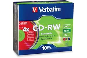 VERBATIM 94325 CD-RW 700MB 2X-4X DataLifePlus with Color Surface and Matching Case - 10pk Slim Case, Assorted