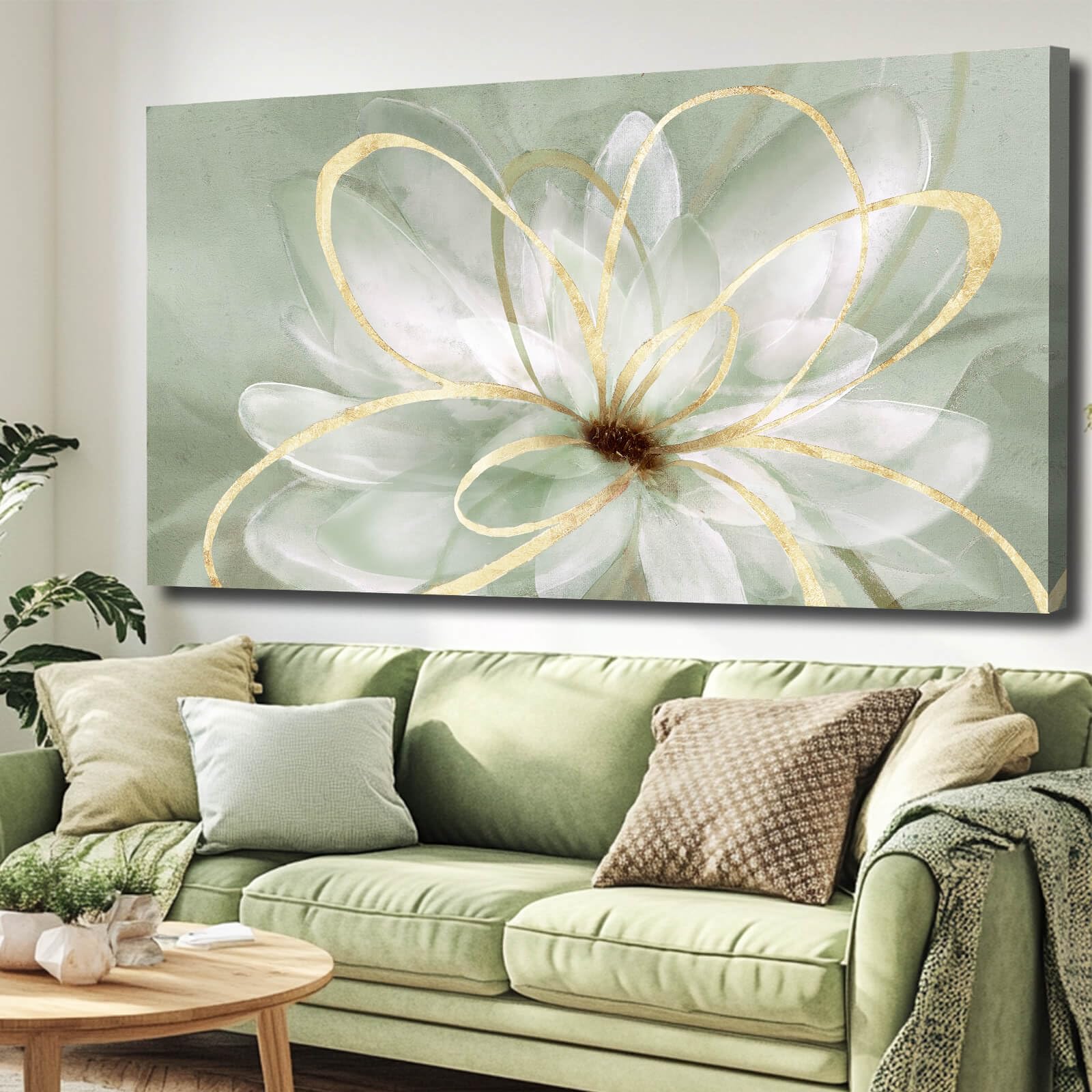 Flower Wall Decor White Blossom Plant Gold Line Canvas Painting Modern ...