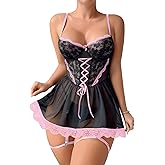 Lilosy Sexy Garter Belt Mesh Lace Babydoll Lingerie Dress Set with Thong