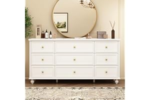 FUFU&GAGA Dresser Chest with 9 Drawers, Wooden Dresser Tower with Wide Storage Space, Dresser Closet for Nursery Living Room Bedroom Hallway (White)