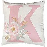 kaiwern Letter Throw Pillow Cover,18x18 Inch Alphabet K Flower Decorative Cushion Cover,Pink Floral with Letter Initial Pillow Case for Outdoor Indoor Living Room Sofa Patio Bedroom Decor