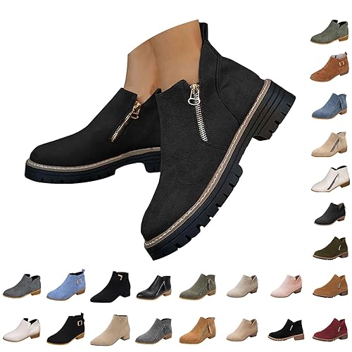 DFSDJEUW walking boots womens wide fit Ankle Boots Women New European And American Short Side Zipper Square Heeled Pointed Women's Plus Size Wide Fit Wedge Shoes Warm Lined Chunky Heel Black 5.5