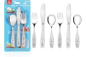 Lehoo Castle Kids Silverware Stainless Steel, 6pcs Toddler Spoons and Forks Knife Set, Safe Children Flatware, Silverware for Toddlers, Toddler Utensils Self Feeding (Construction Vehicles)
