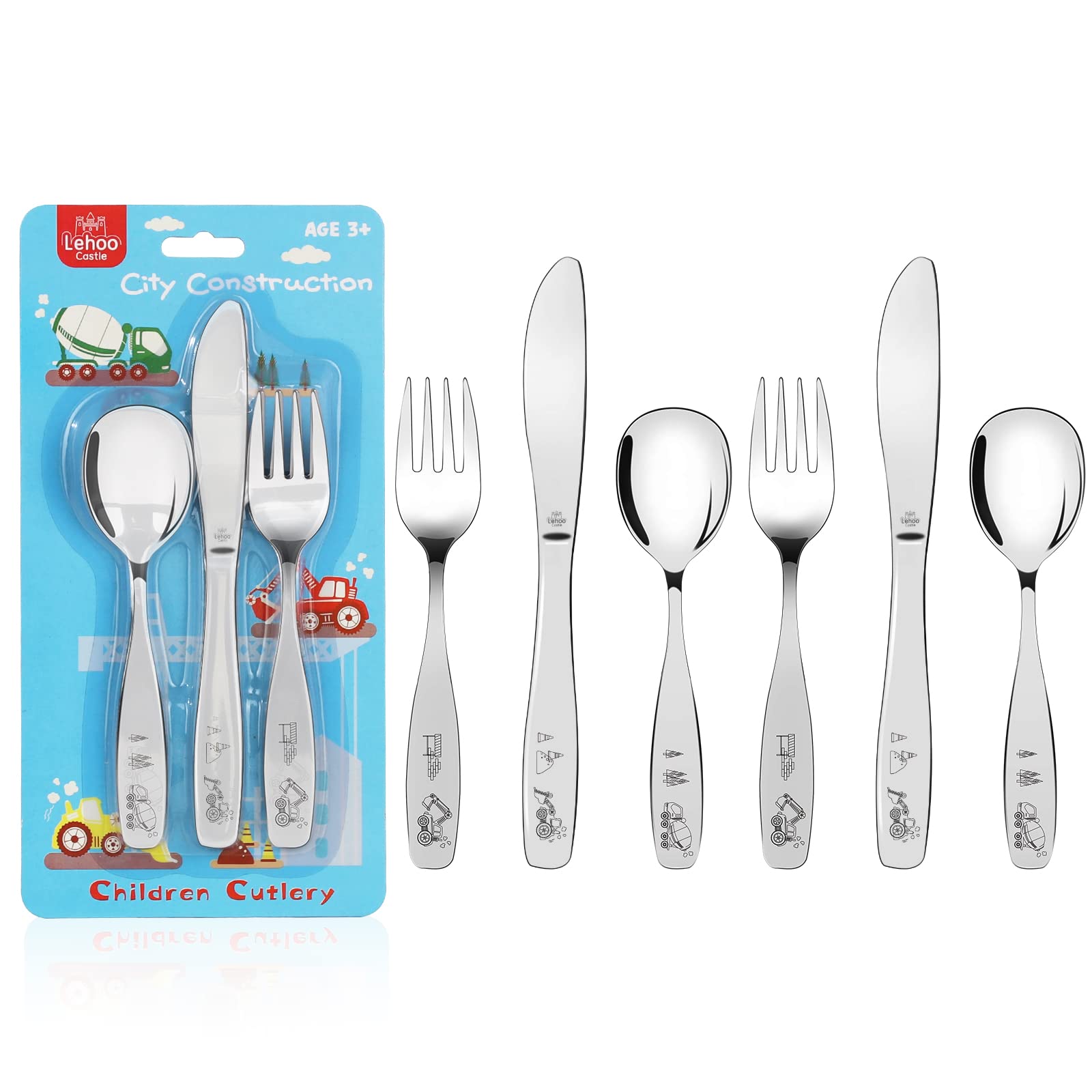 Photo 1 of Lehoo Castle Kids Silverware Stainless Steel, 6pcs Toddler Spoons and Forks Knife Set, Safe Children Flatware, Silverware for Toddlers, Toddler Utensils Self Feeding (Construction Vehicles)